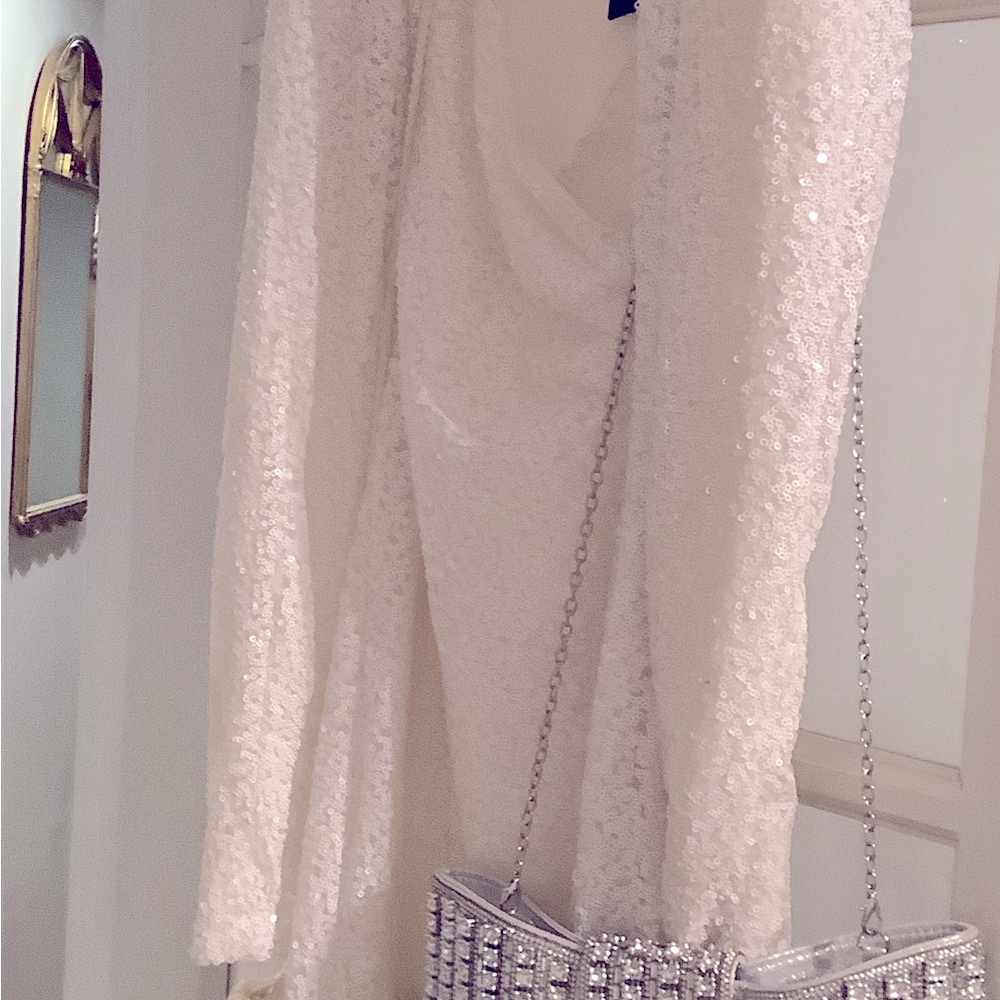 Sequin White Dress with Silver Chain Bag ARMANI
